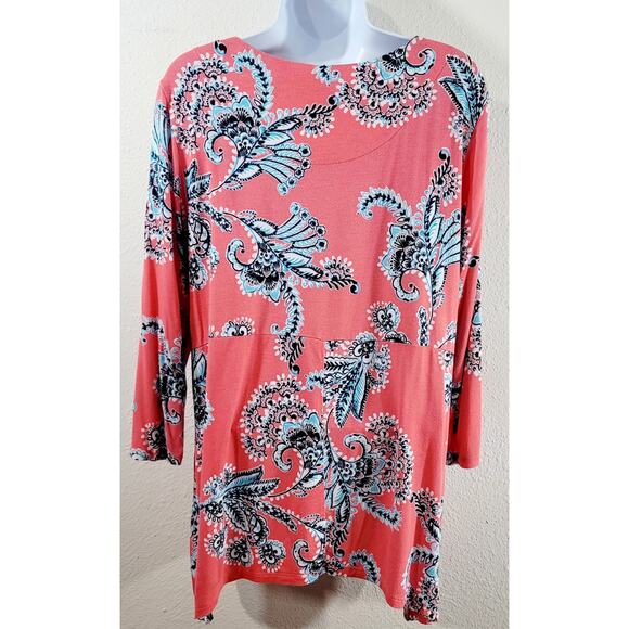 Ruby Rd. Salmon Blue White Floral Print Top Small Lightweight Soft Stretchy - Picture 3 of 5
